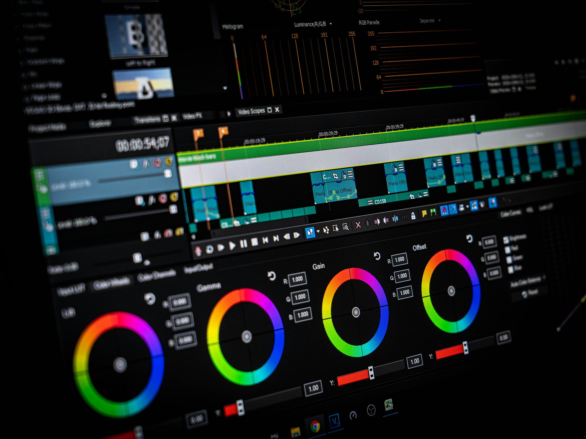 Color grading controls on an editing screen
