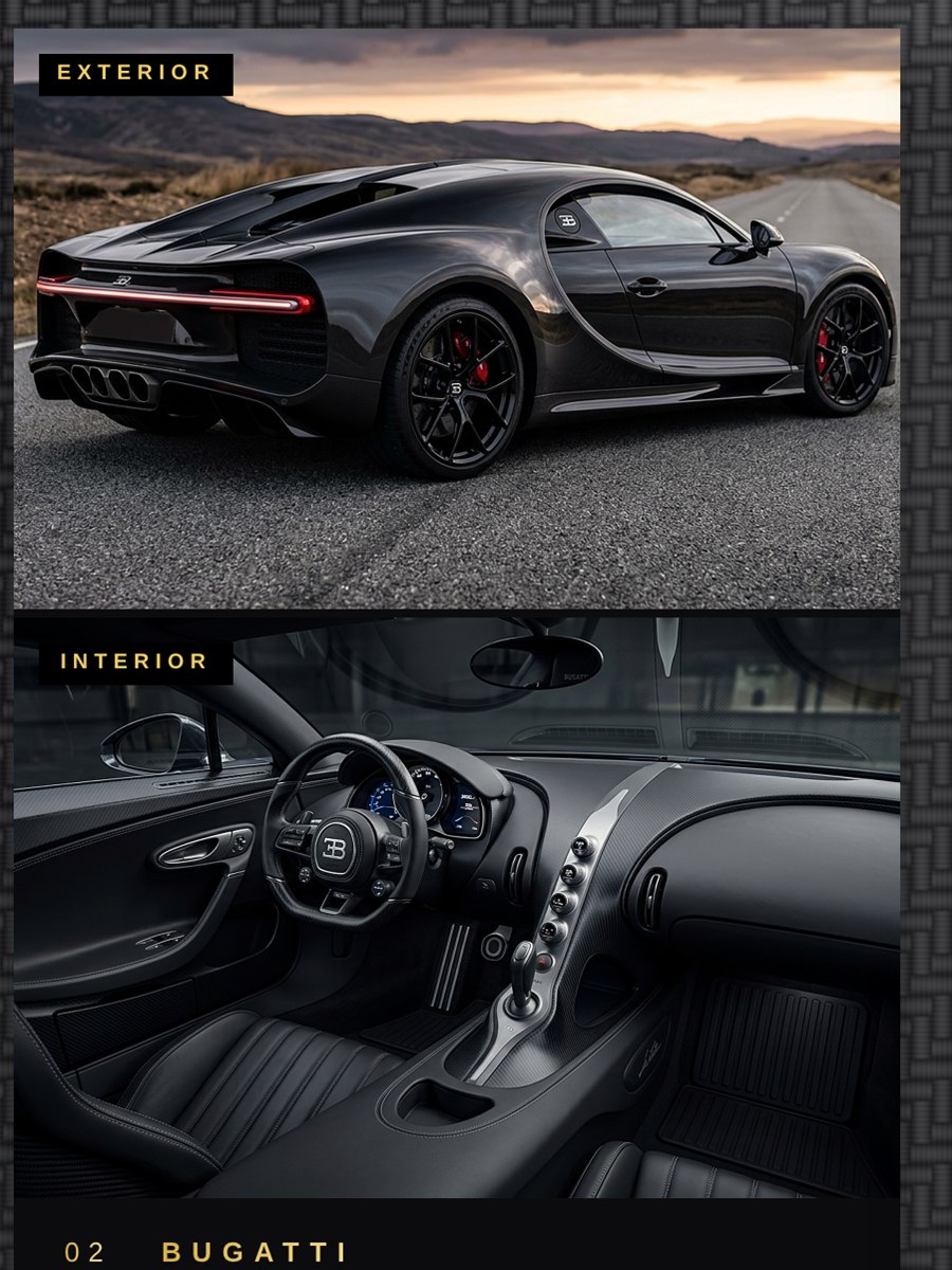 A black hypercar on an empty road above its leather interior