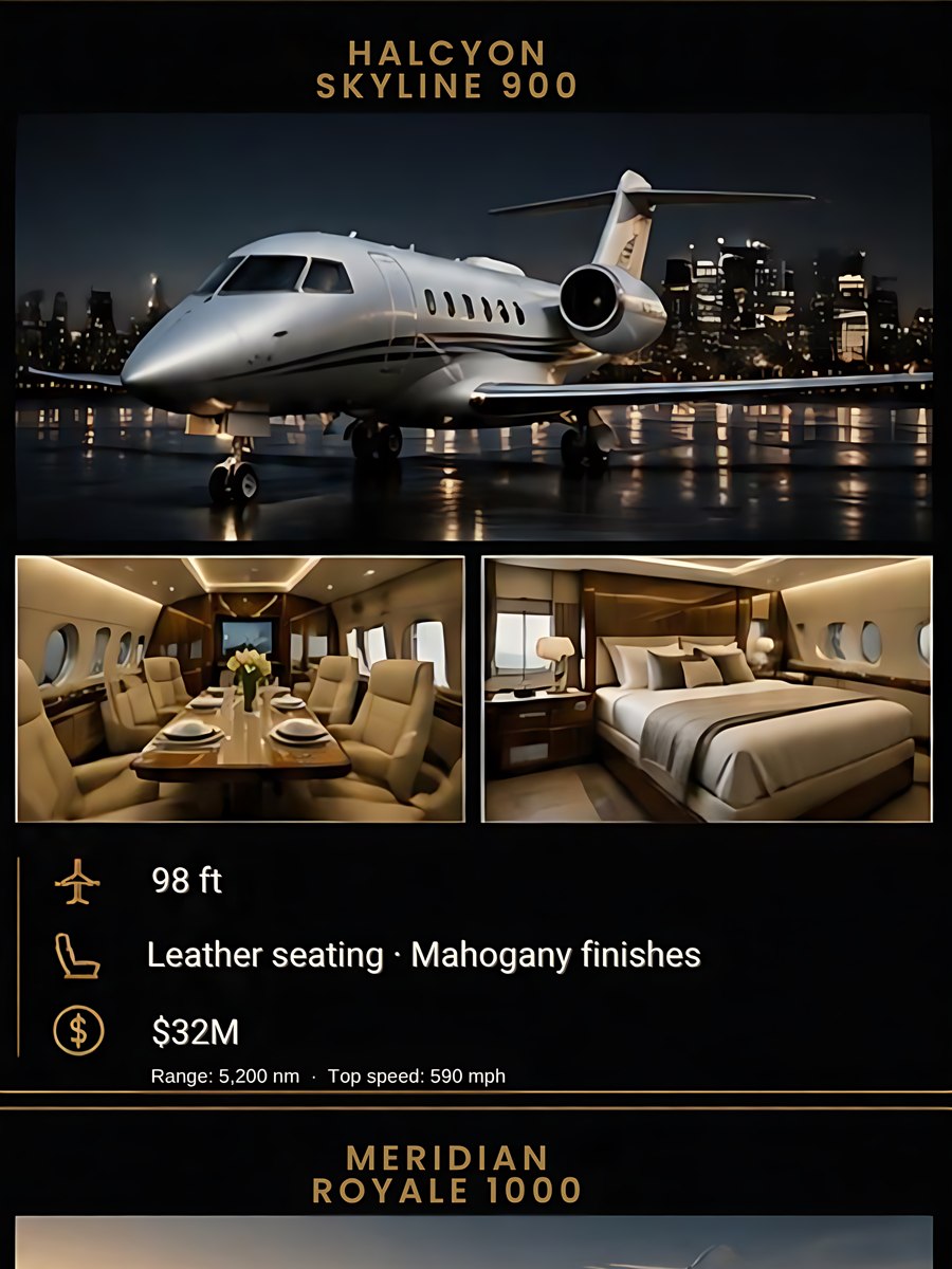 A private jet at night with its dining cabin and bedroom