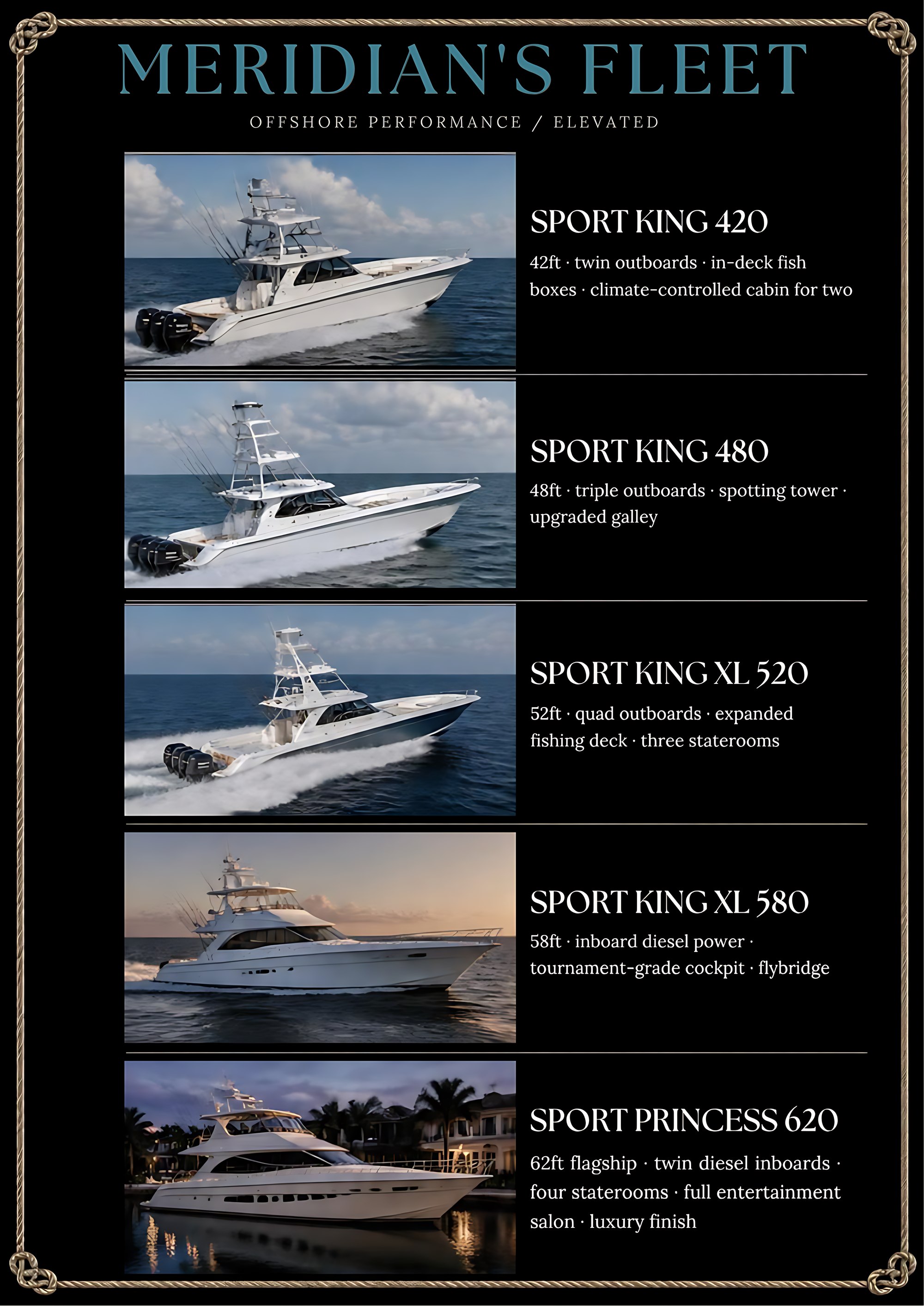 Meridian&rsquo;s Fleet: five Sport King and Sport Princess yachts on the water