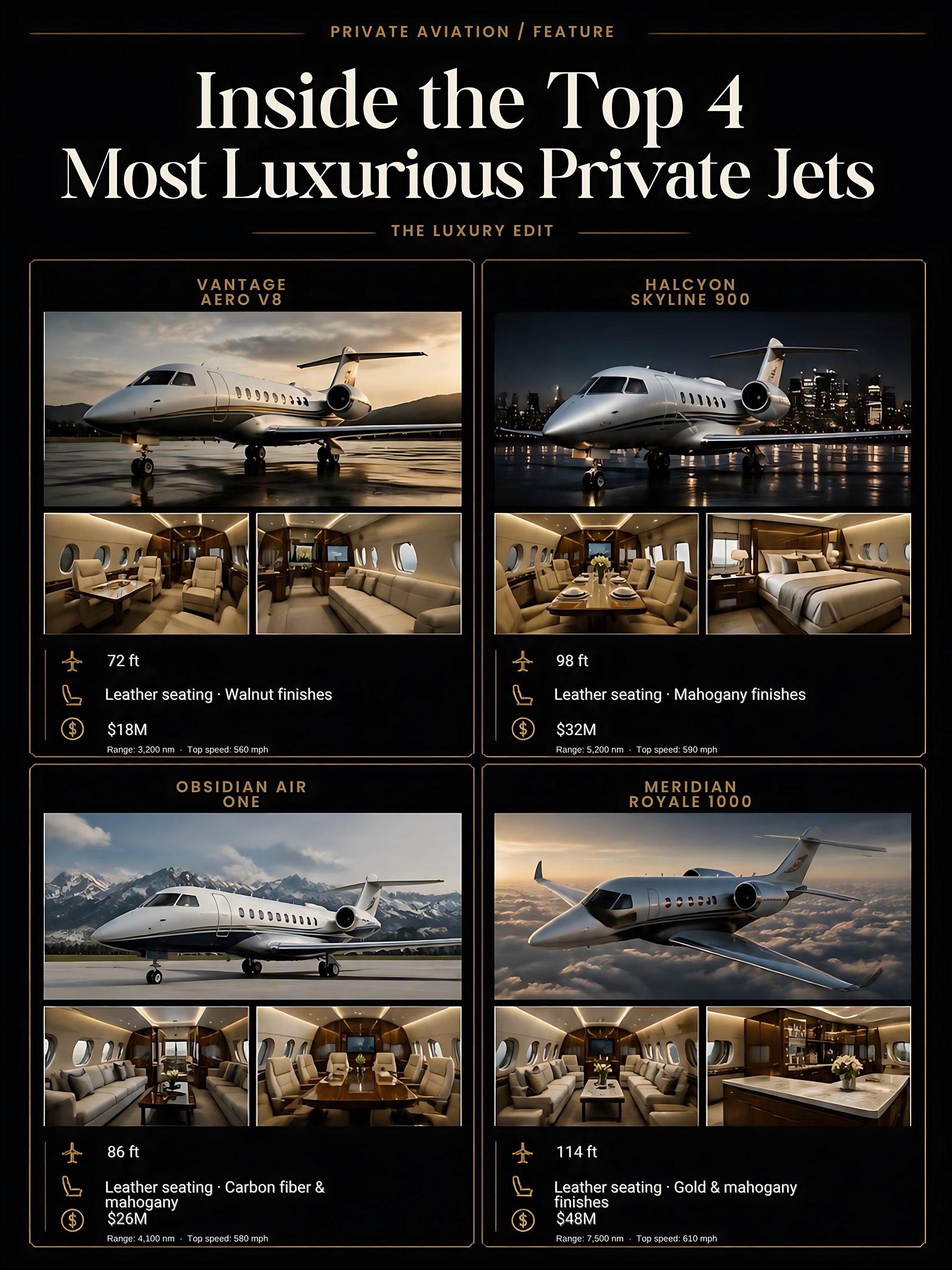 Feature poster of four luxury private jets with their cabins